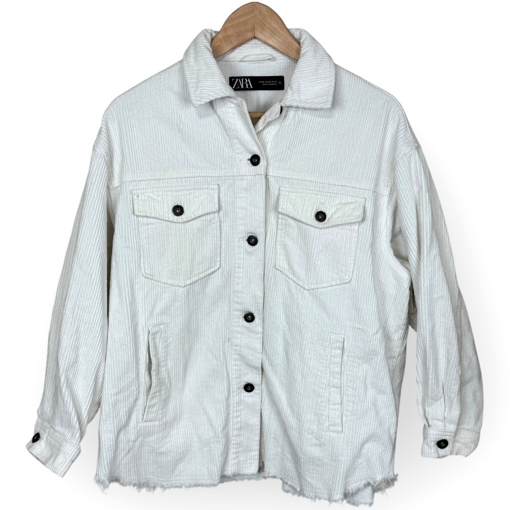 Zara Oversized Ribbed Corduroy Raw Hem Button Down Jacket Pockets XS‎ Ivory